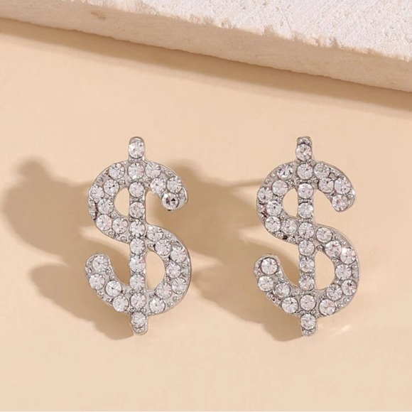 Silver Rhinestone Dollar Sign Earrings, Dollar Sign Stud Earrings - Picture 2 of 4